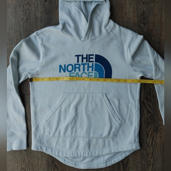 The North Face Girls Pullover Hoodie Ice Blue Big Spell Out Logo Size S 7/8 - Picture 6 of 15